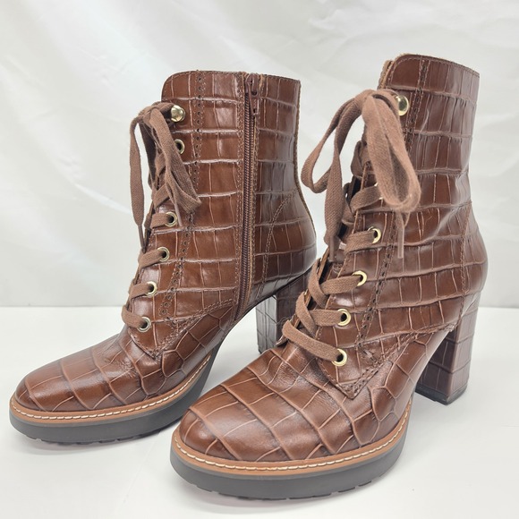 Naturalizer Shoes - Naturalizer Womens 7.5 Brown Croc Embossed Leather Lace Up Ankle Boots Block Hee
